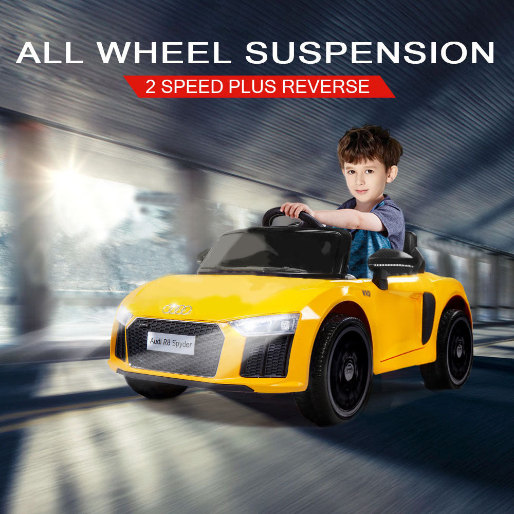 Yellow Remote-Control Ride-On Car, Audi R8 Spyder, 12V, 25W Motors