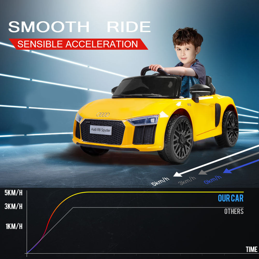 Yellow Remote-Control Ride-On Car, Audi R8 Spyder, 12V, 25W Motors