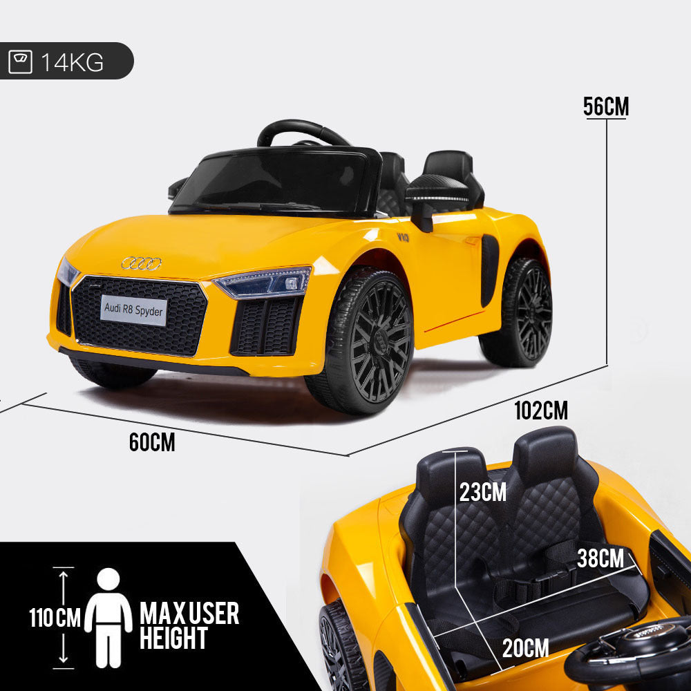 Yellow Remote-Control Ride-On Car, Audi R8 Spyder, 12V, 25W Motors