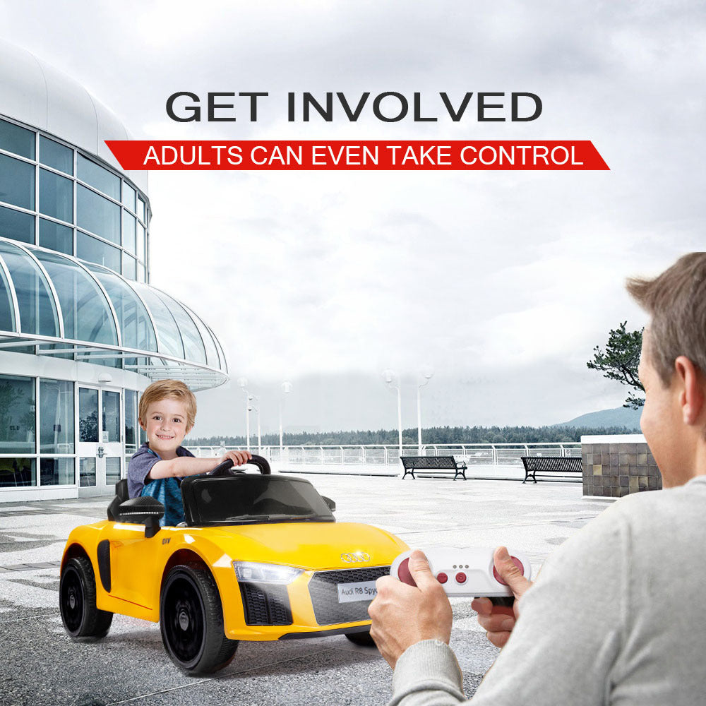 Yellow Remote-Control Ride-On Car, Audi R8 Spyder, 12V, 25W Motors