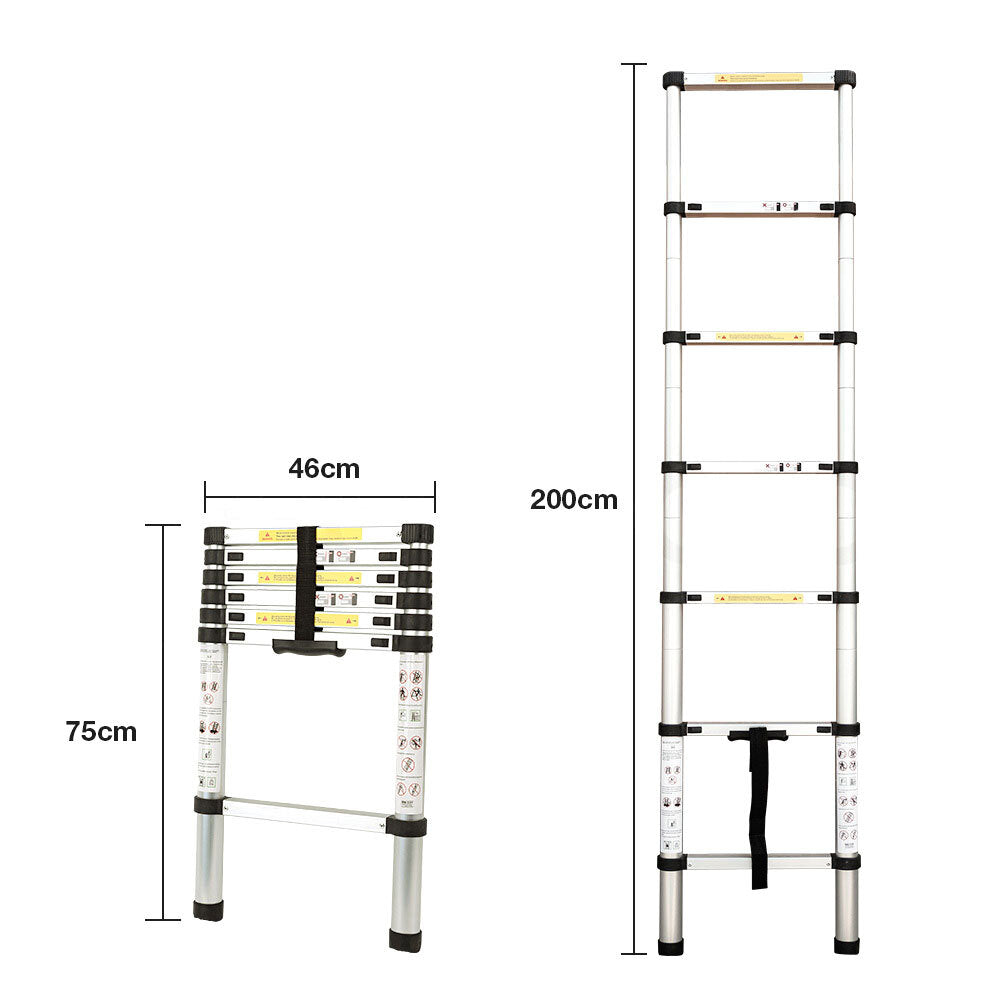 Lightweight 2m Telescopic Aluminium Ladder, 120kg Cap, Bullet