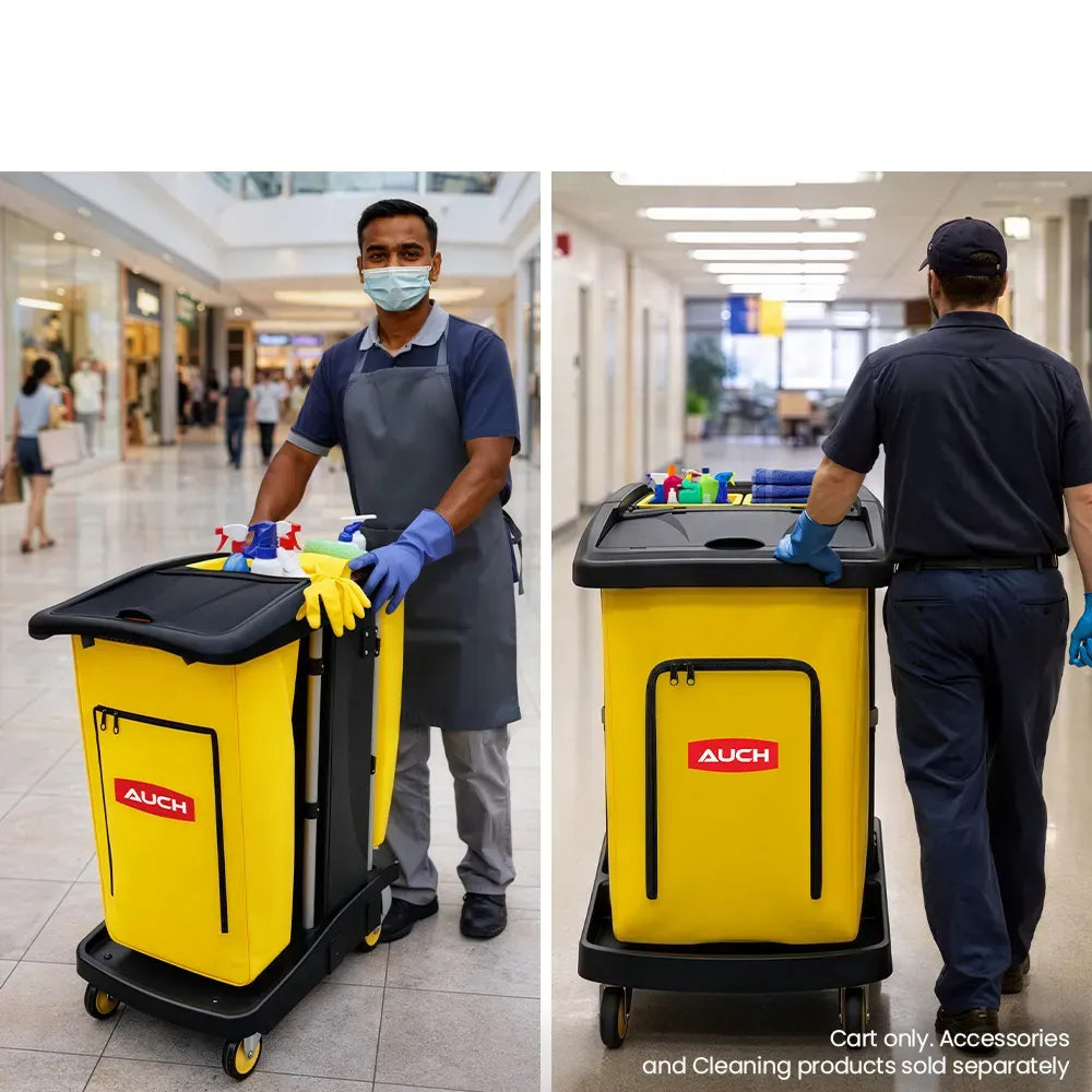 AUCH Double Bag Janitor Cleaning Trolley, Housekeeping Cart, Lockable Cabinet with Storage Tubs, Quiet Wheels, Black