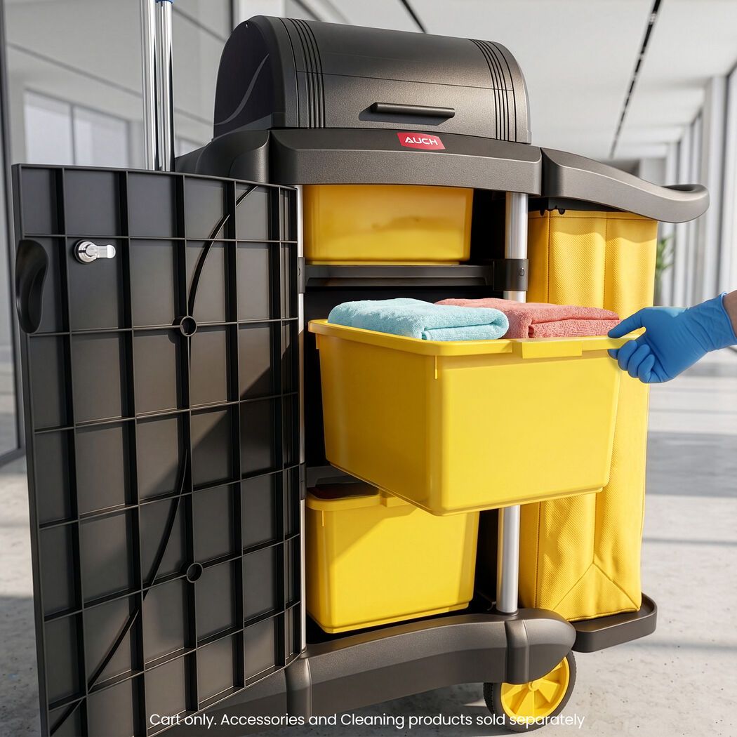 AUCH Double Bag Janitor Cleaning Trolley, Housekeeping Cart, Lockable Cabinet with Storage Tubs, Quiet Wheels, Black