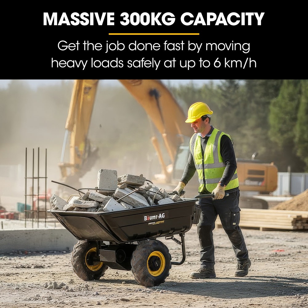 BAUMR-AG 40V Li-ion Powered 300KG / 300L Wheelbarrow, ATV Tow Bar, Deep V-tread Tyre, 2 Wheel Direct Drive