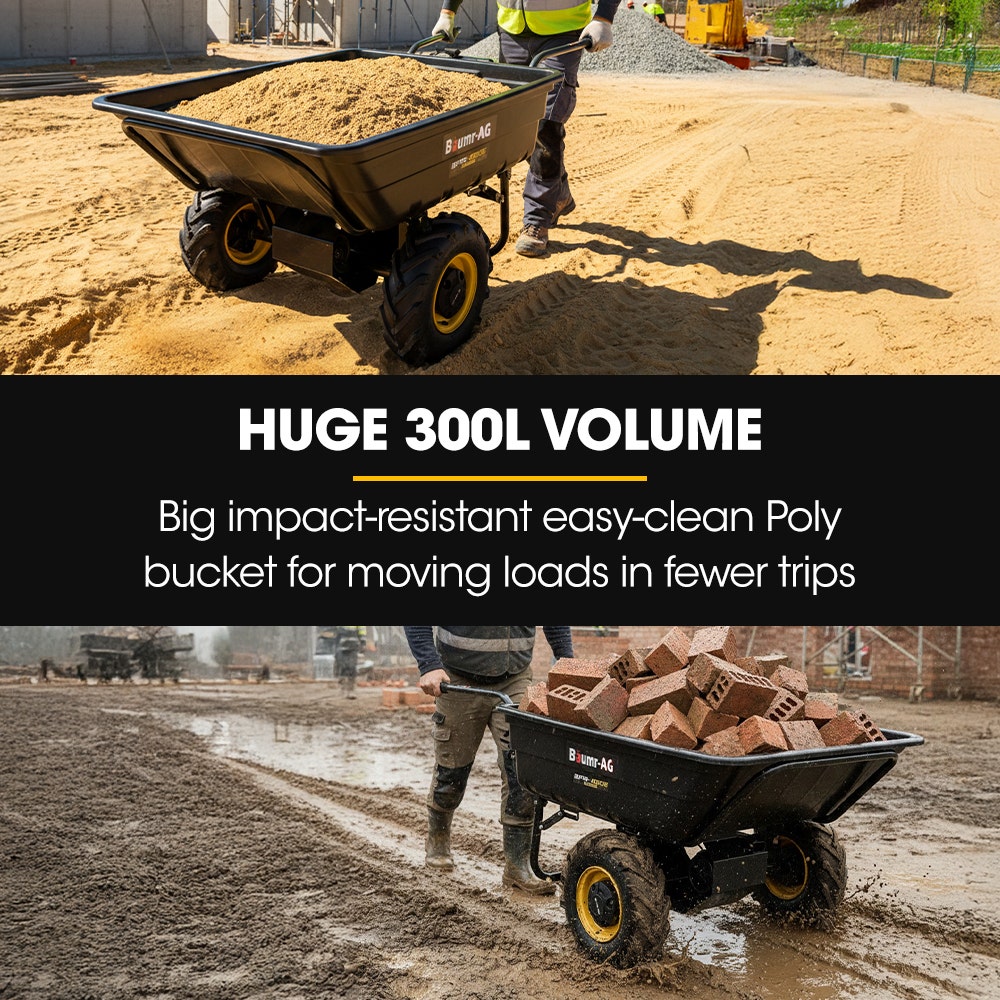 BAUMR-AG 40V Li-ion Powered 300KG / 300L Wheelbarrow, ATV Tow Bar, Deep V-tread Tyre, 2 Wheel Direct Drive