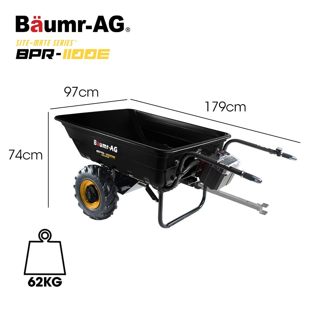 BAUMR-AG 40V Li-ion Powered 300KG / 300L Wheelbarrow, ATV Tow Bar, Deep V-tread Tyre, 2 Wheel Direct Drive