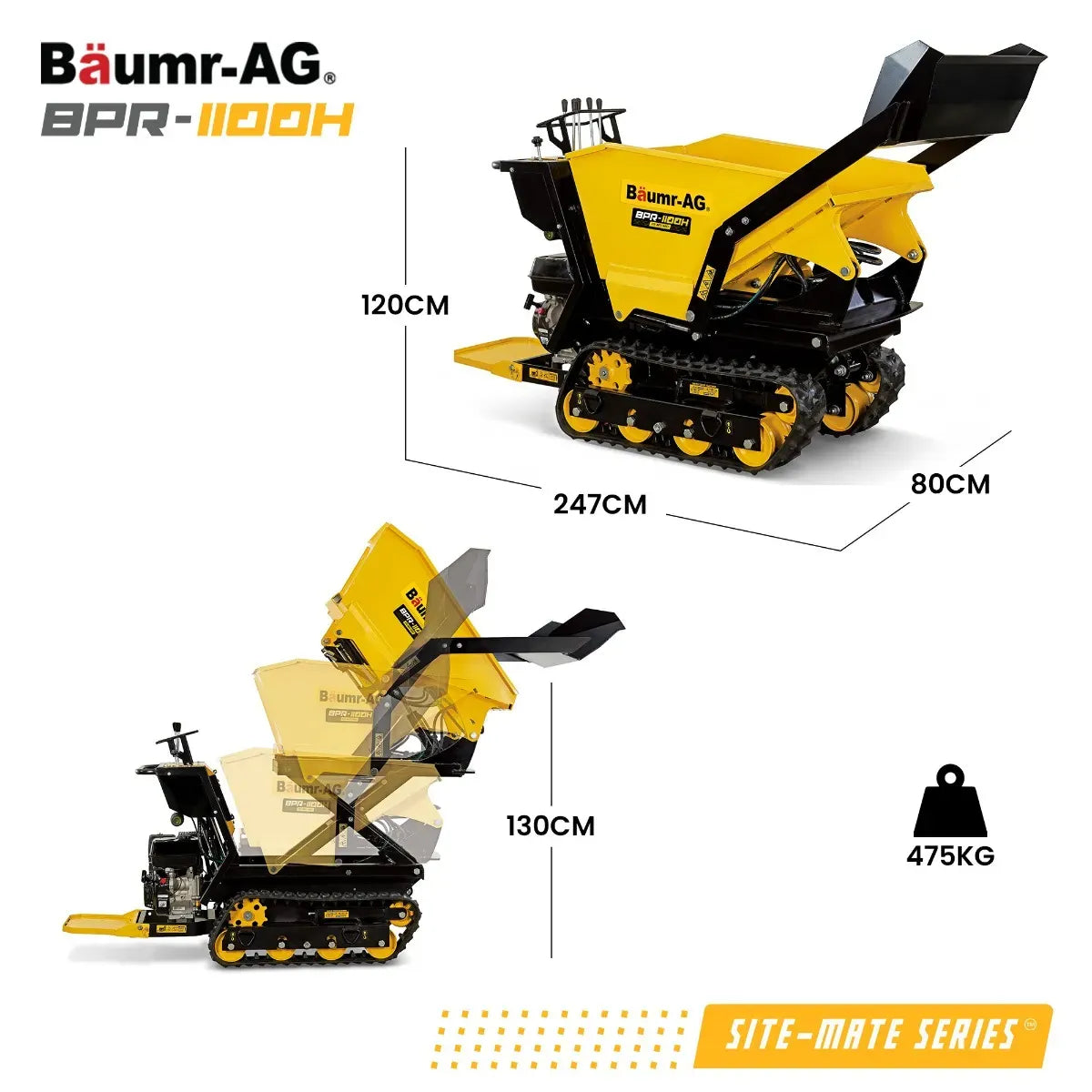 BAUMR-AG Tracked High Lifting/Tipping Power Barrow, 500kg Load Capacity, Hydrostatic, 9hp Engine