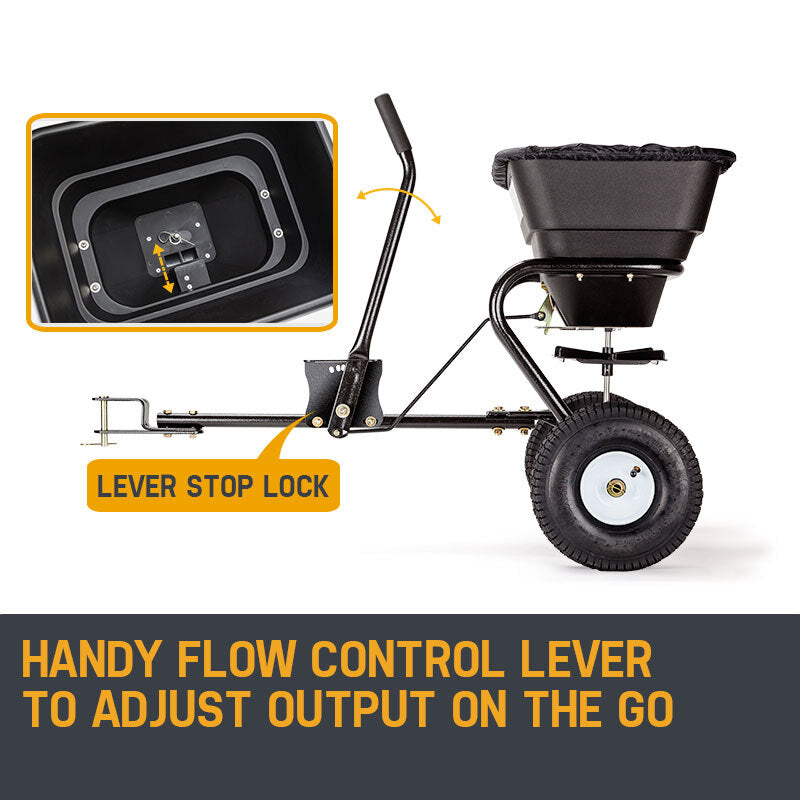 30kg Tow Behind Broadcast Spreader with Poly Hopper & Pneumatic Tyres - Plantcraft