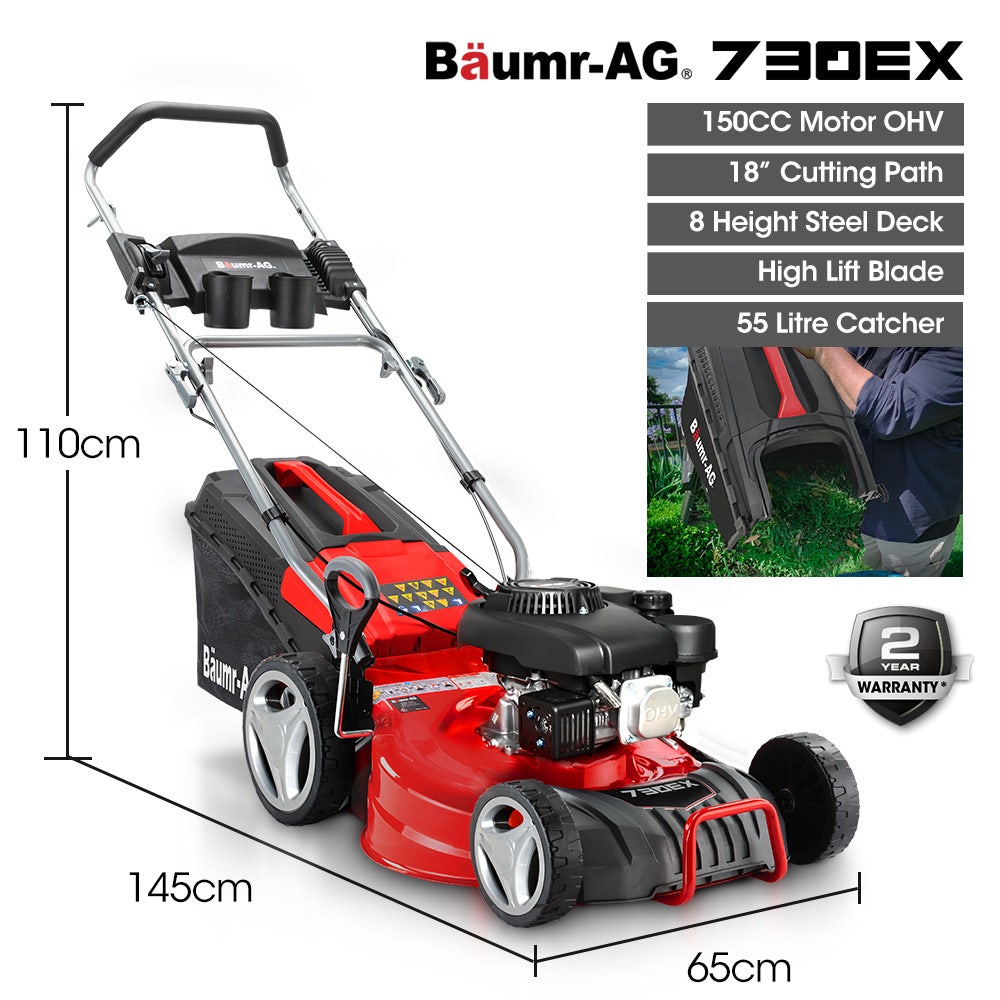 Baumr-AG 730EX 18" Petrol Lawn Mower 150cc Steel Deck 8 Heights