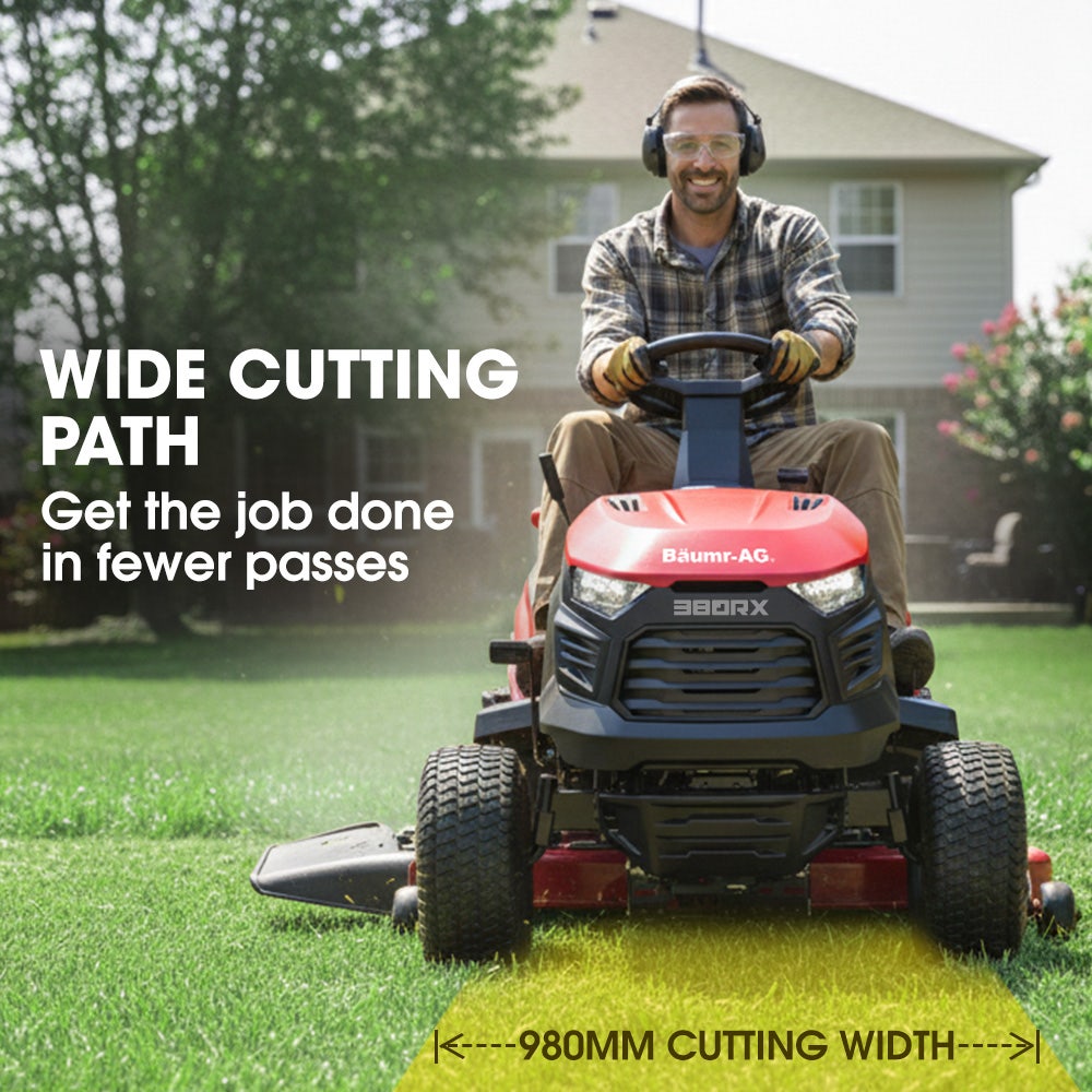 BAUMR-AG 38" Ride On Mower Lawn Tractor, Side Discharge or Mulch, Electric Start, 14hp 452cc, Hydrostatic, 100kg Towing, 7 Cut Heights