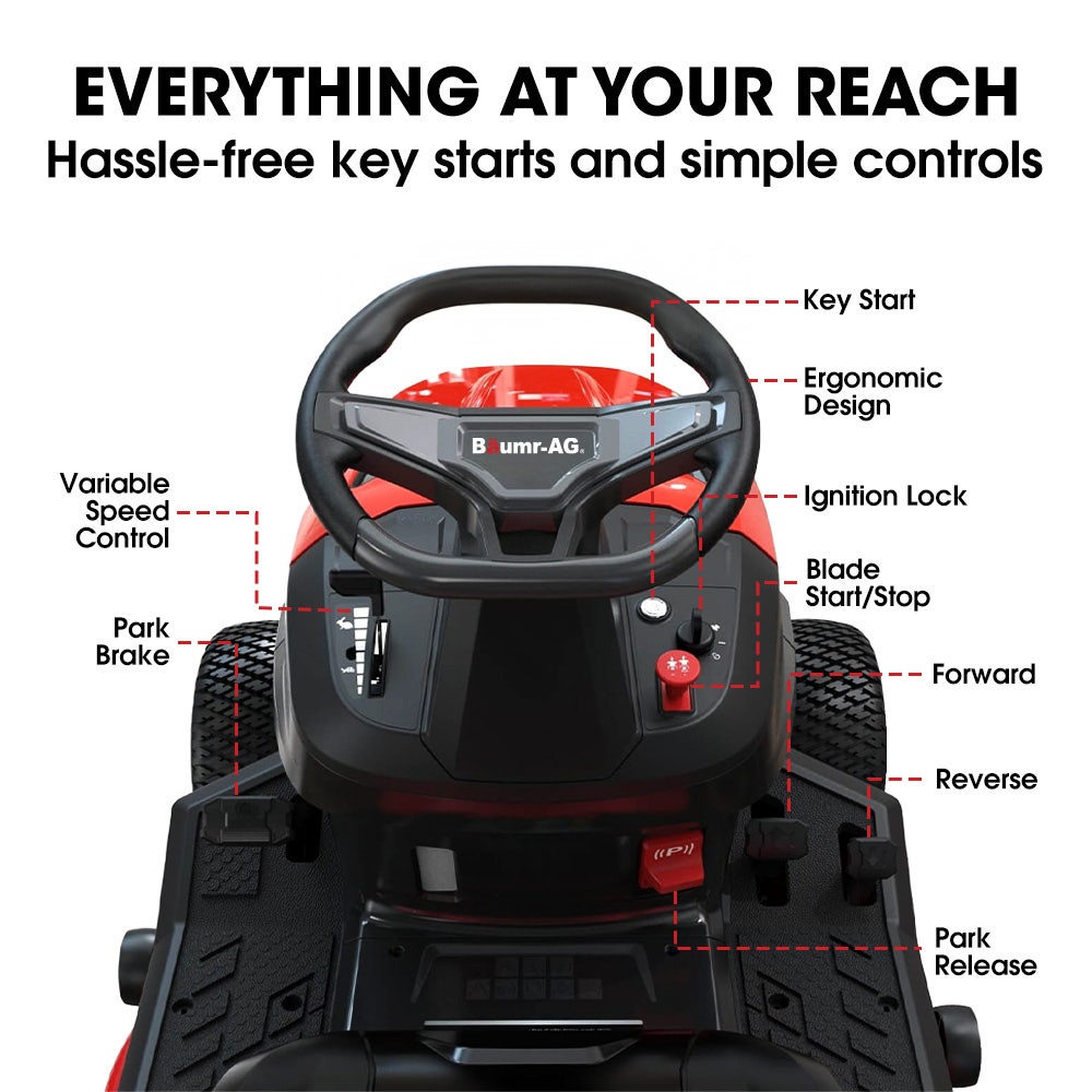 BAUMR-AG 38" Ride On Mower Lawn Tractor, Side Discharge or Mulch, Electric Start, 14hp 452cc, Hydrostatic, 100kg Towing, 7 Cut Heights