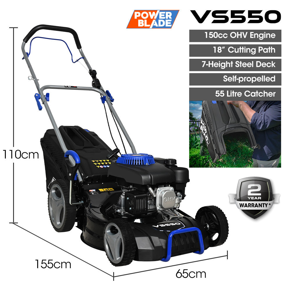 PowerBlade VS550 18" Self-Propelled Petrol Lawn Mower 150cc Steel Deck 7 Heights