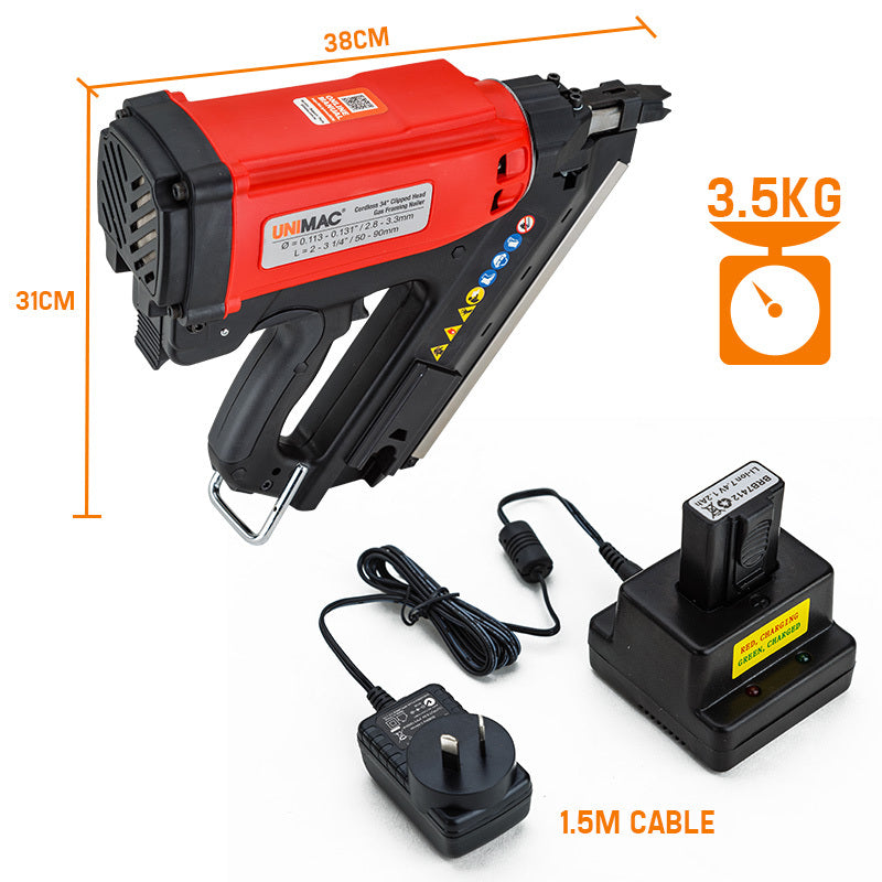 34-Deg Gas Framing Nail Gun, 50-90mm, 2 Li-Ion Batteries, Unimac