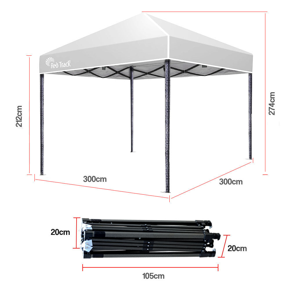 Portable 3x3m Folding Gazebo, Steel Frame, Light Grey - Red Track