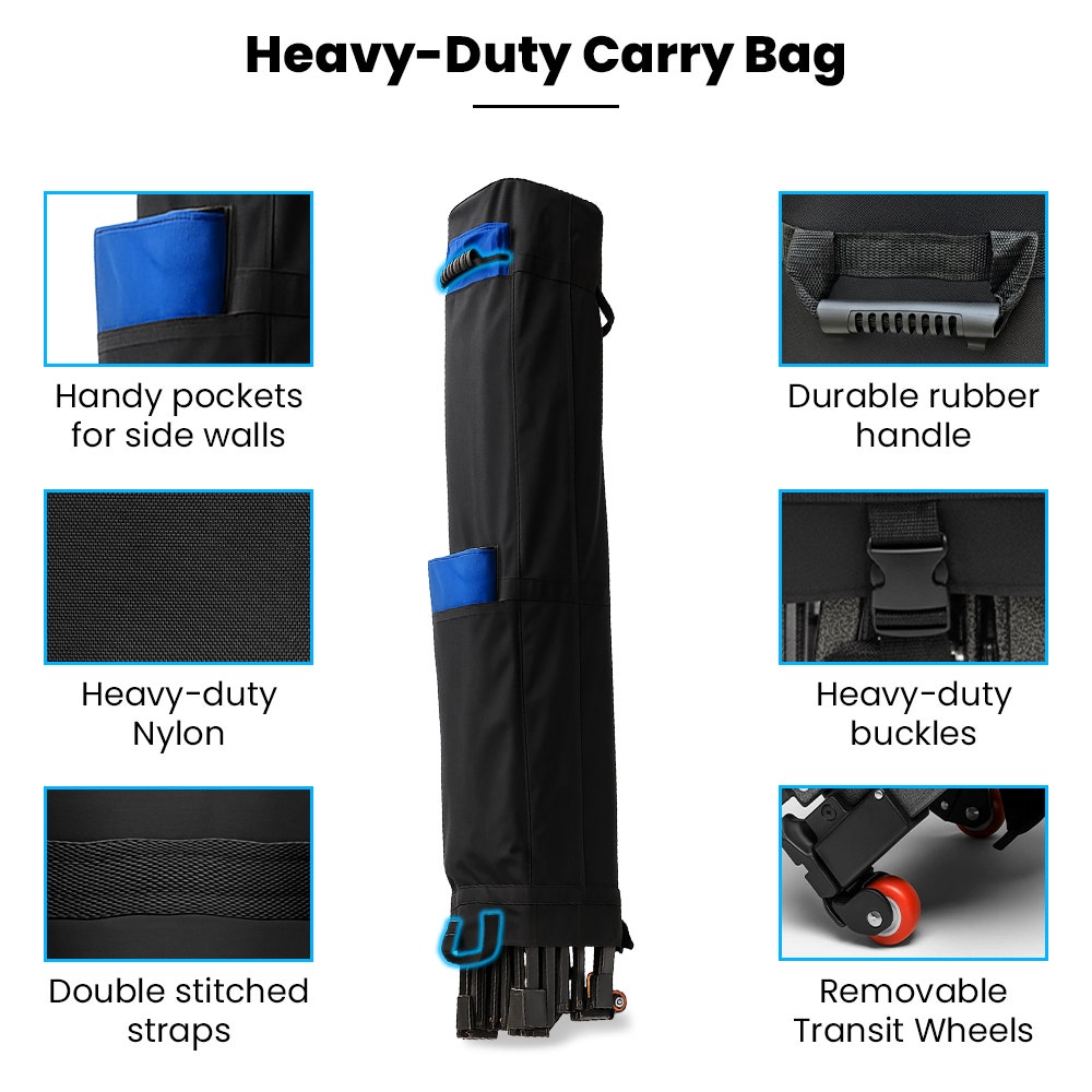 RED TRACK 3x3m Premium Pop Up Gazebo Marquee, Patented Steel Cable Canopy Support System, Wheeled Carry Bag, Side Walls, UV Block, Reinforced Frame, Blue