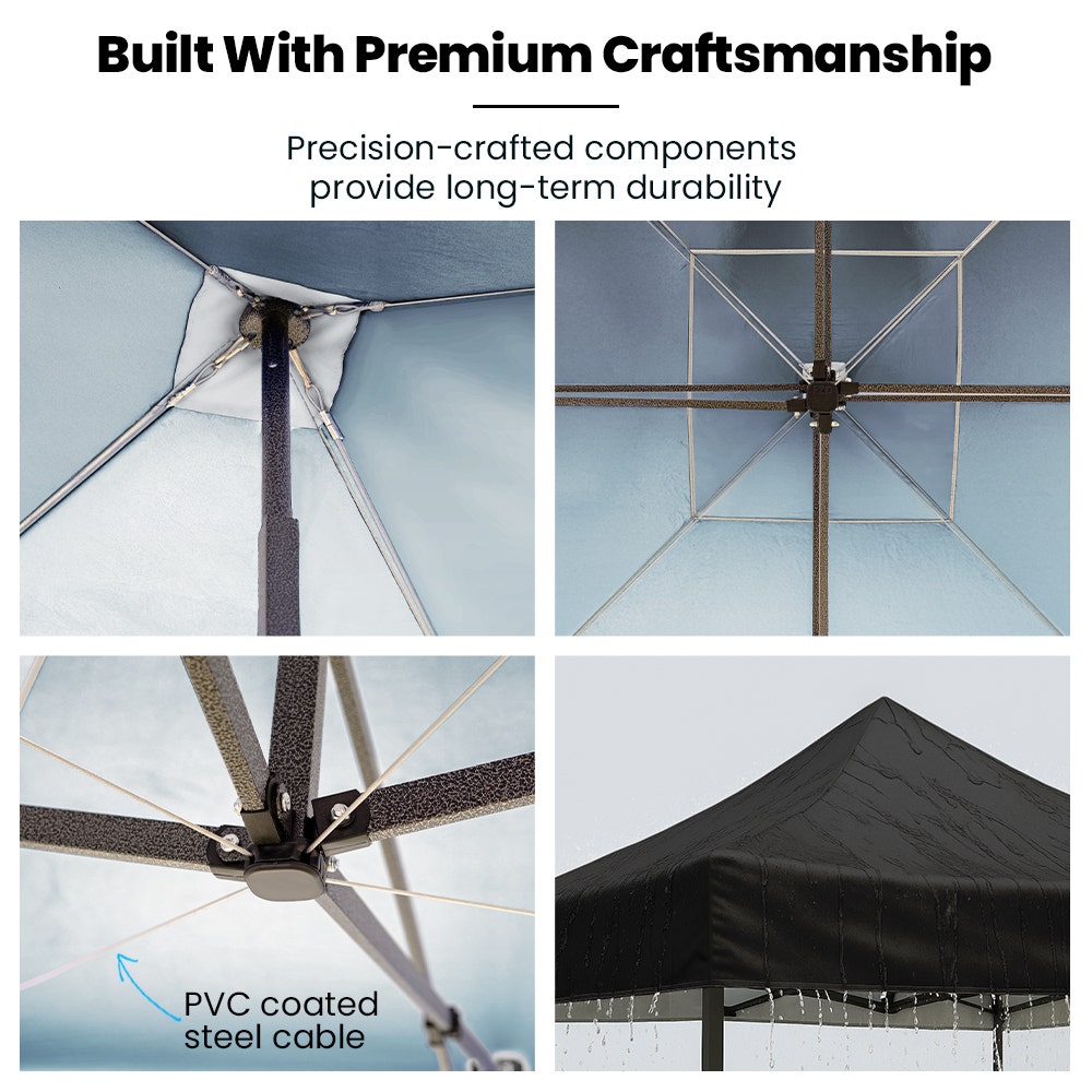 RED TRACK 3x3m Premium Pop Up Gazebo Marquee, Patented Steel Cable Canopy Support System, Wheeled Carry Bag, Side Walls, UV Block, Reinforced Frame, Black