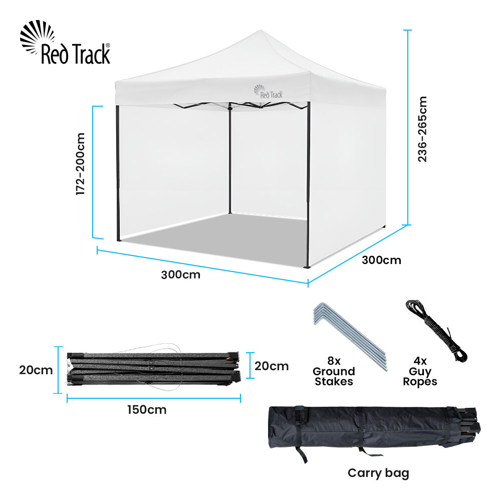 RED TRACK 3x3m Premium Pop Up Gazebo Marquee, Patented Steel Cable Canopy Support System, Wheeled Carry Bag, Side Walls, UV Block, Reinforced Frame, White