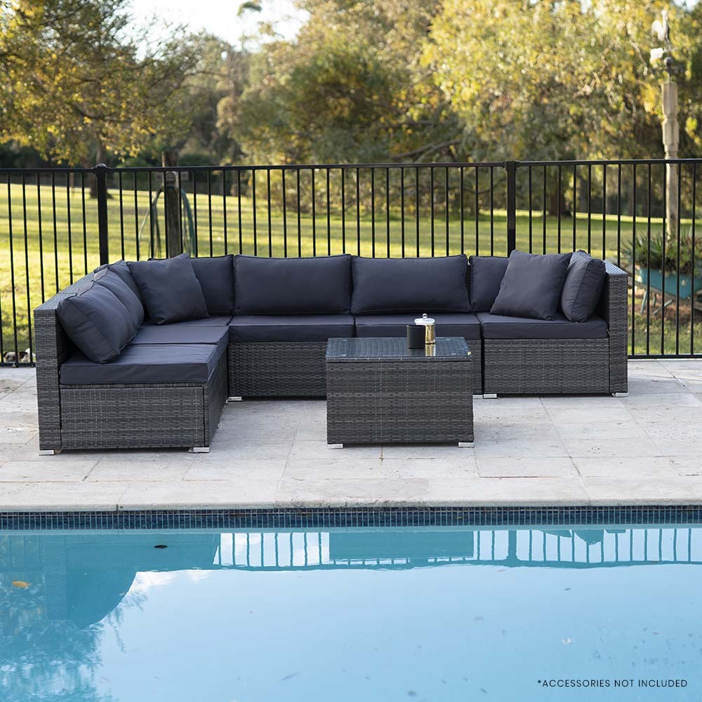 Modular 7 Piece Grey Outdoor Lounge Set - 6 Seaters, London Rattan