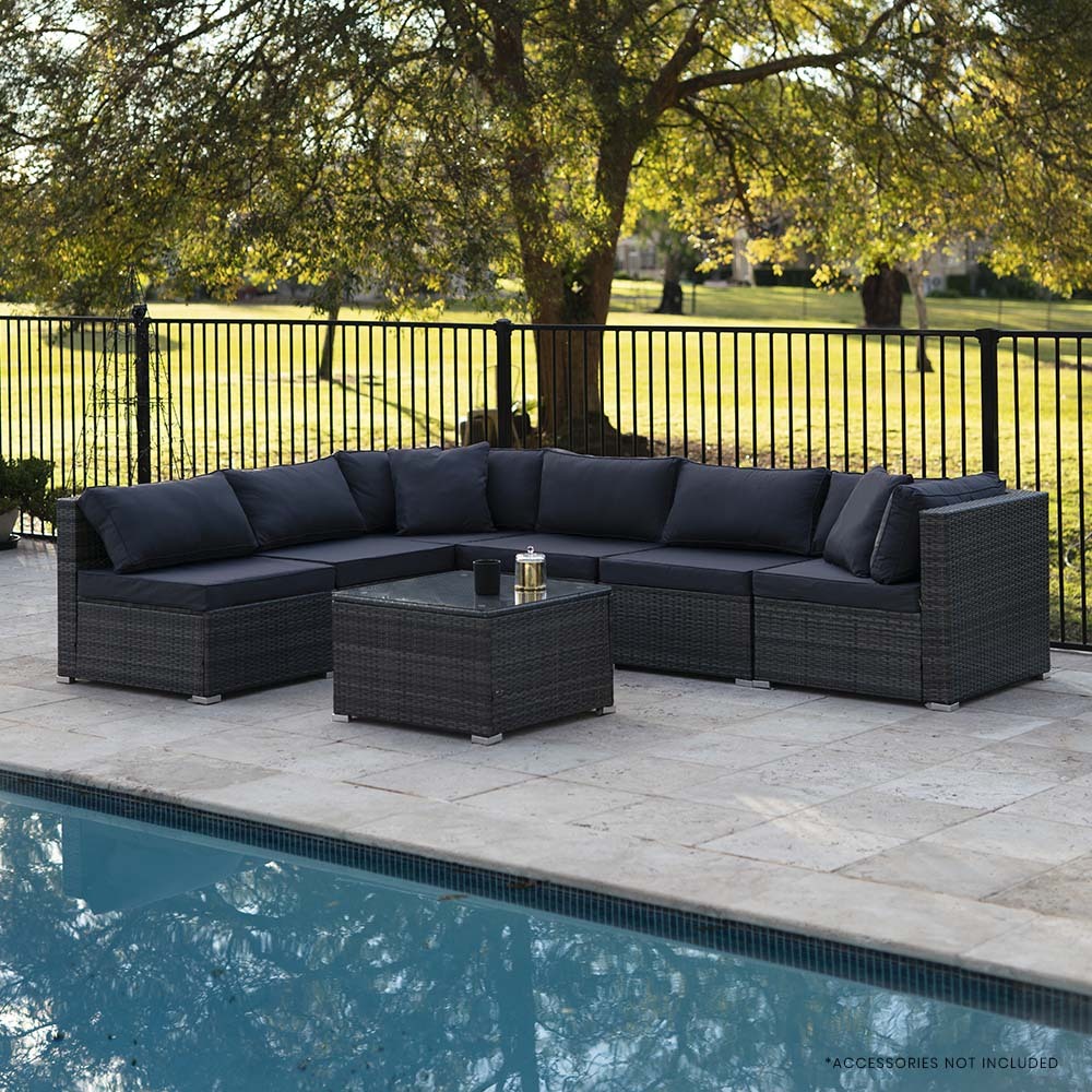 Modular 7 Piece Grey Outdoor Lounge Set - 6 Seaters, London Rattan