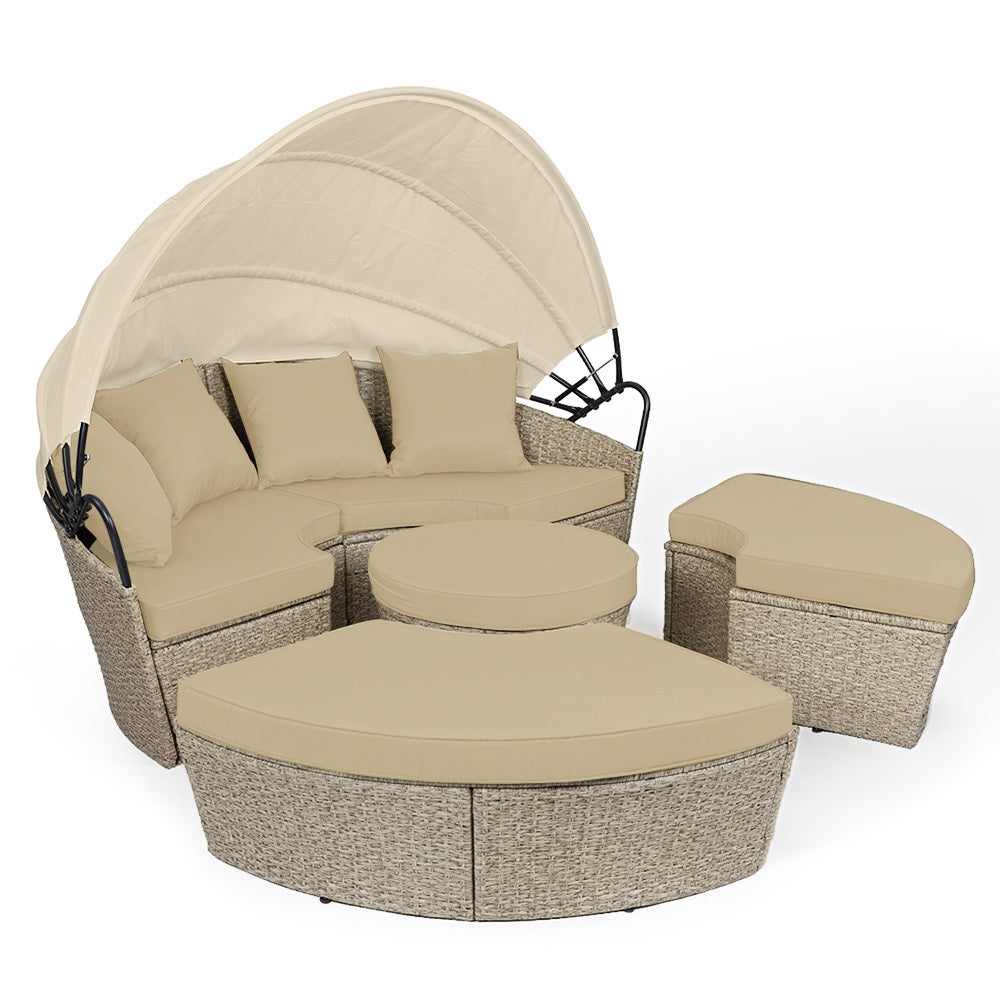 Retractable Canopy Outdoor Day Bed, Beige Wicker - London Rattan