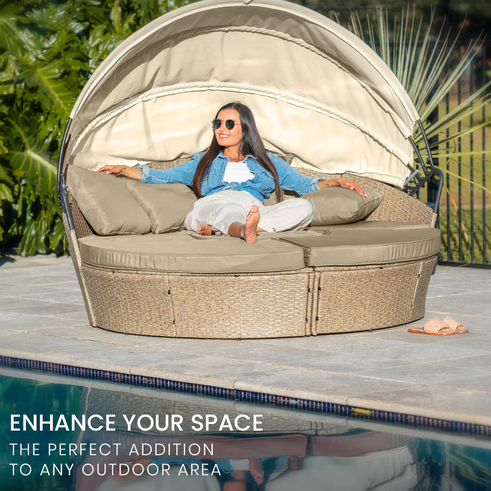 Retractable Canopy Outdoor Day Bed, Beige Wicker - London Rattan