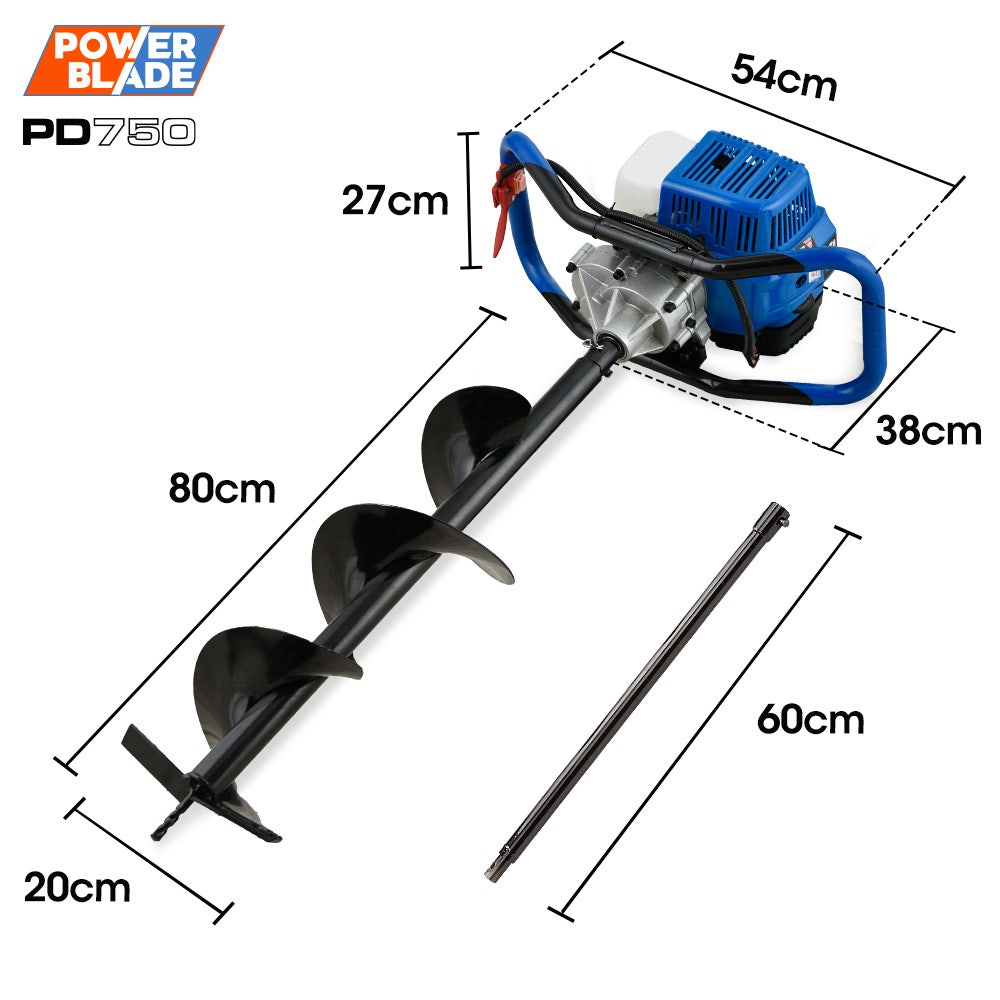 PowerBlade PD750 52cc Petrol Post Hole Digger 200mm Auger 600mm Extension