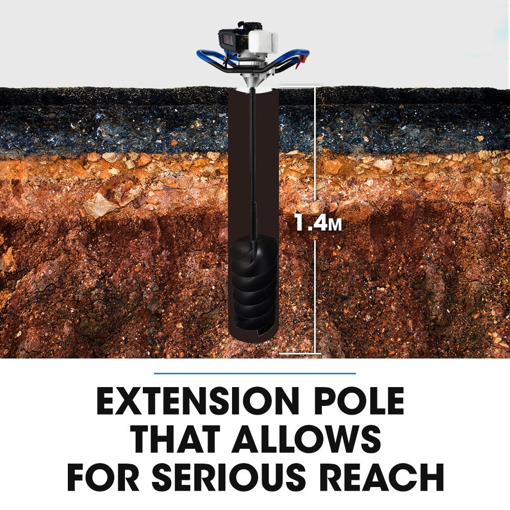 PowerBlade PD950 52cc Petrol Post Hole Digger 3 Auger Bits 600mm Extension