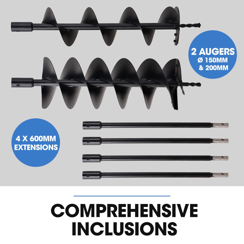 PowerBlade PD950 52cc Petrol Post Hole Digger 3 Auger Bits 600mm Extension