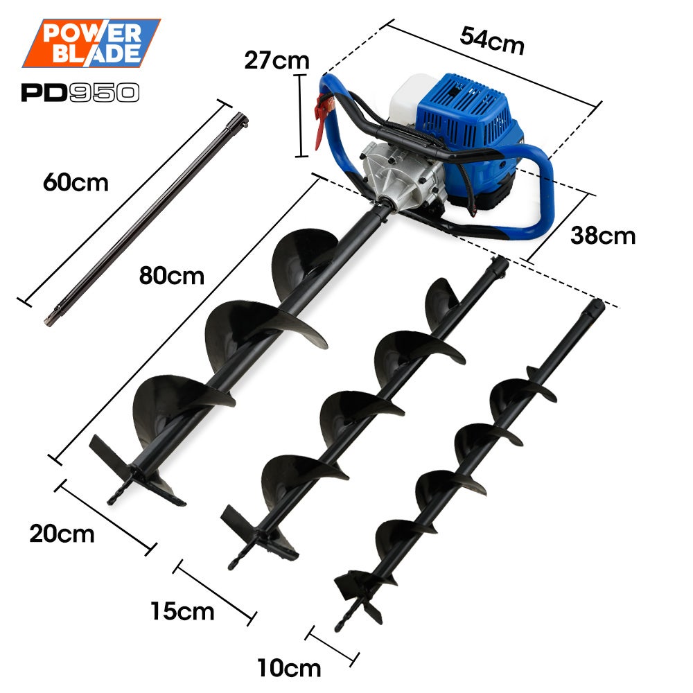 PowerBlade PD950 52cc Petrol Post Hole Digger 3 Auger Bits 600mm Extension