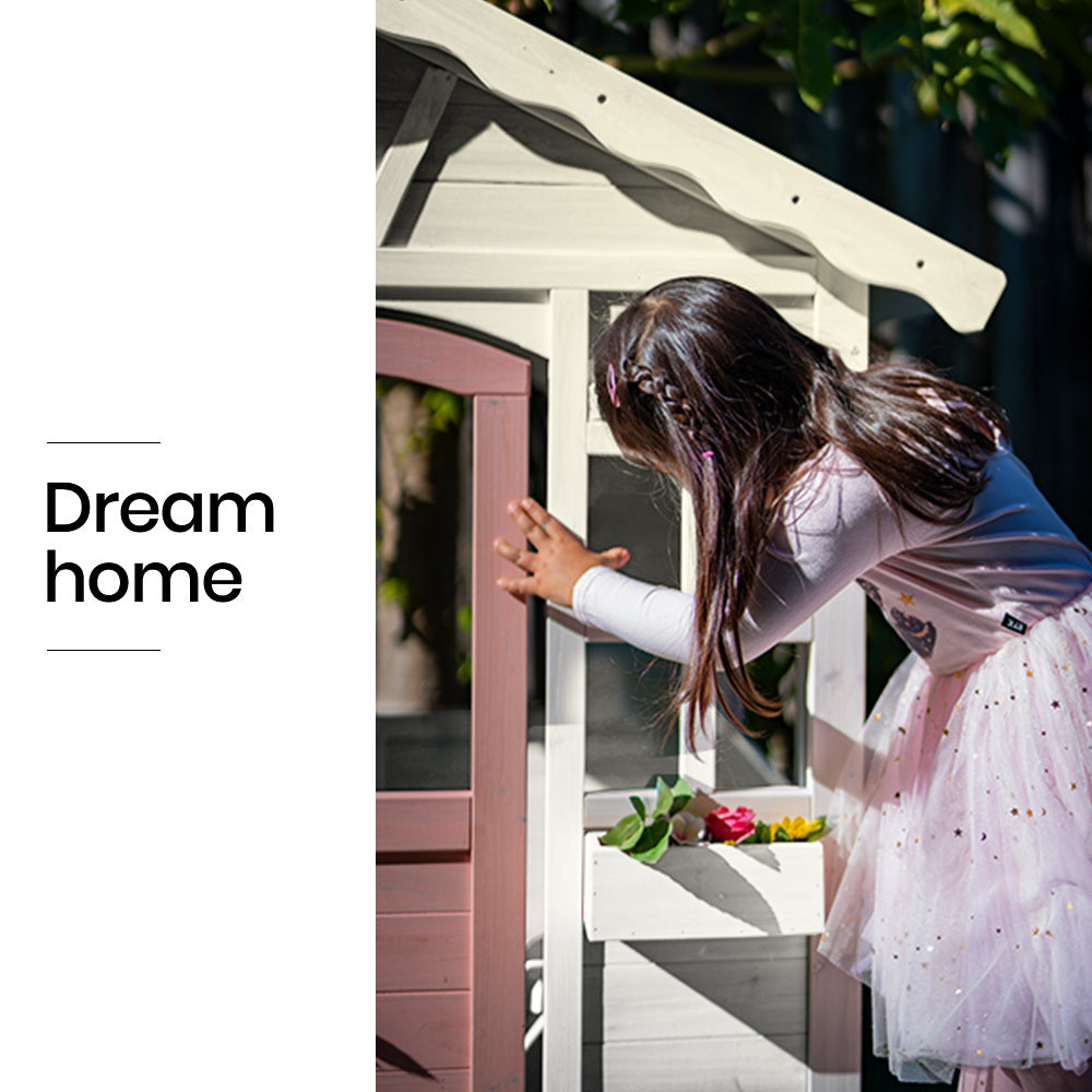 Rovo Kids Cottage Wooden Cubby House DIY Timber Playhouse White Pink Trim