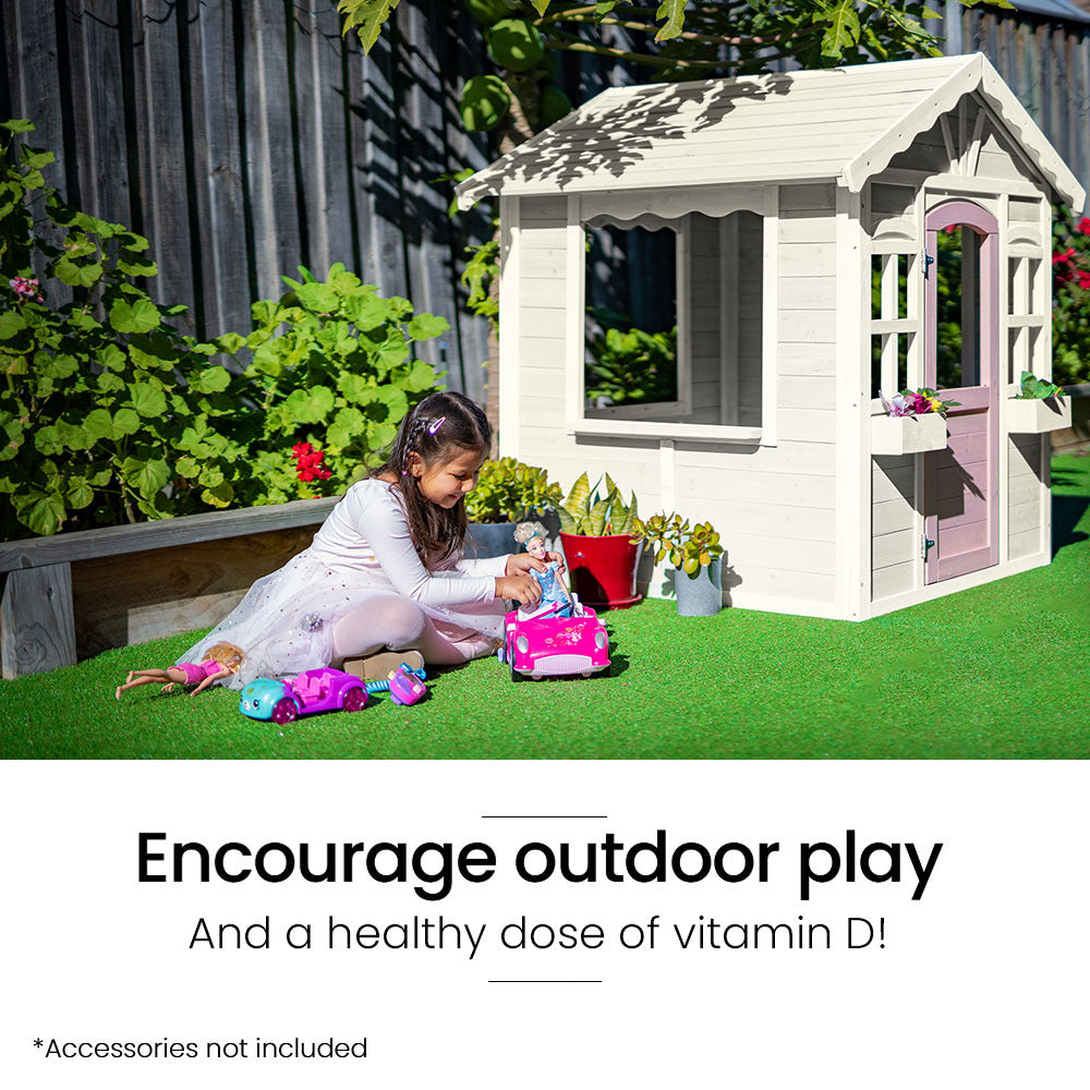 Rovo Kids Cottage Wooden Cubby House DIY Timber Playhouse White Pink Trim