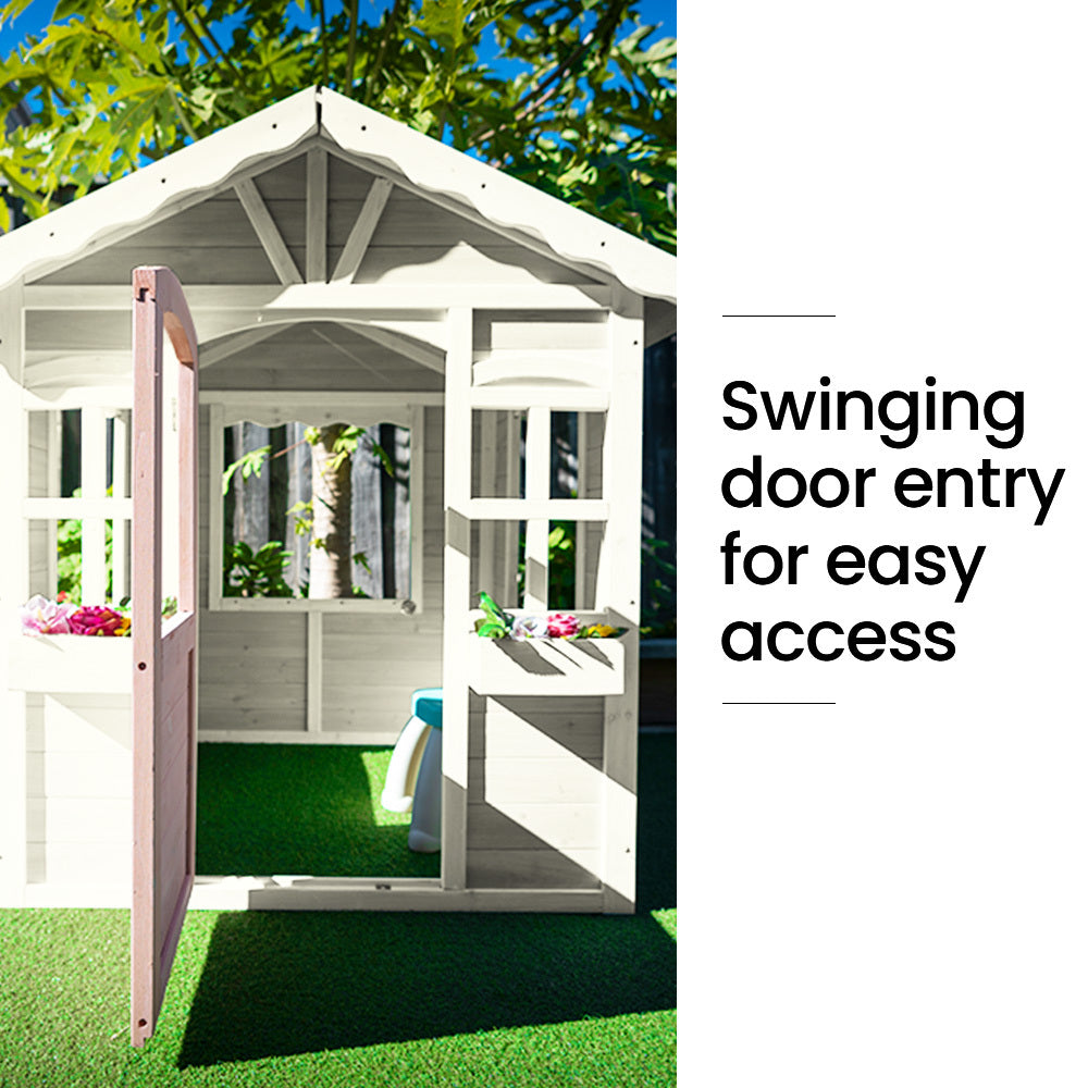 Rovo Kids Cottage Wooden Cubby House DIY Timber Playhouse White Pink Trim