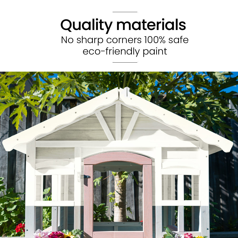 Rovo Kids Cottage Wooden Cubby House DIY Timber Playhouse White Pink Trim