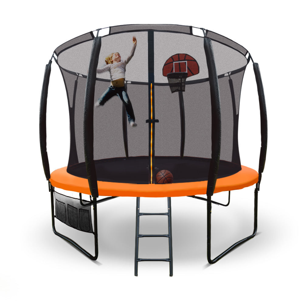 10ft Kids Trampoline with Sprinkler, Basketball Set, Safety Net – Up-Shot