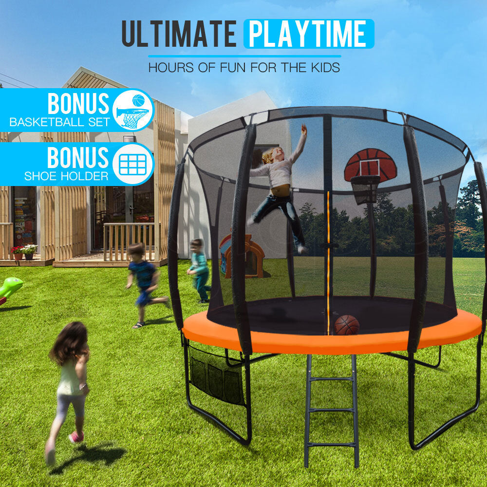 10ft Kids Trampoline with Sprinkler, Basketball Set, Safety Net – Up-Shot