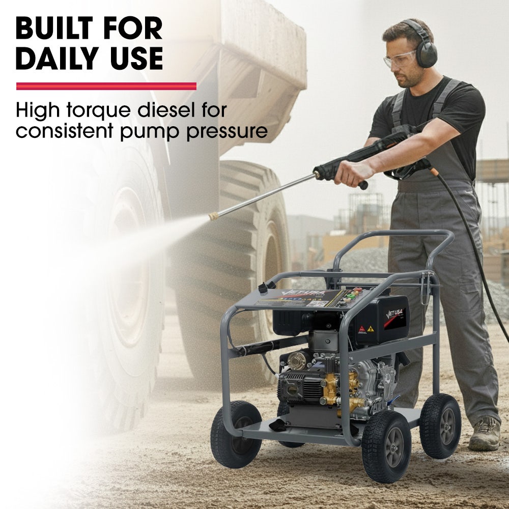 JET-USA Commercial Diesel High-Pressure Washer Cleaner, Electric Start 10hp 418cc, 15m Steel Braided Hose, Adjustable Triplex Pump - DX800