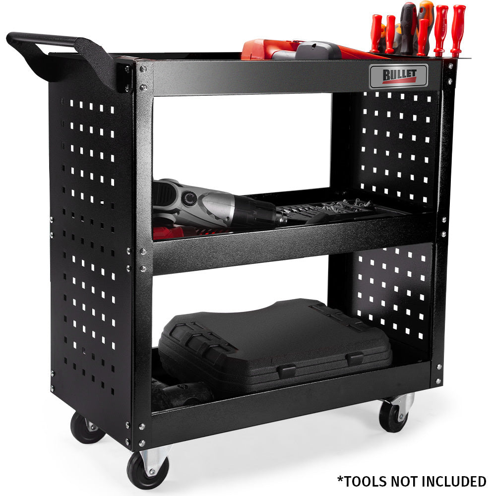 Bullet 3-Tier Steel Tool Trolley Cart Black with Pegboard and Screwdriver Rack