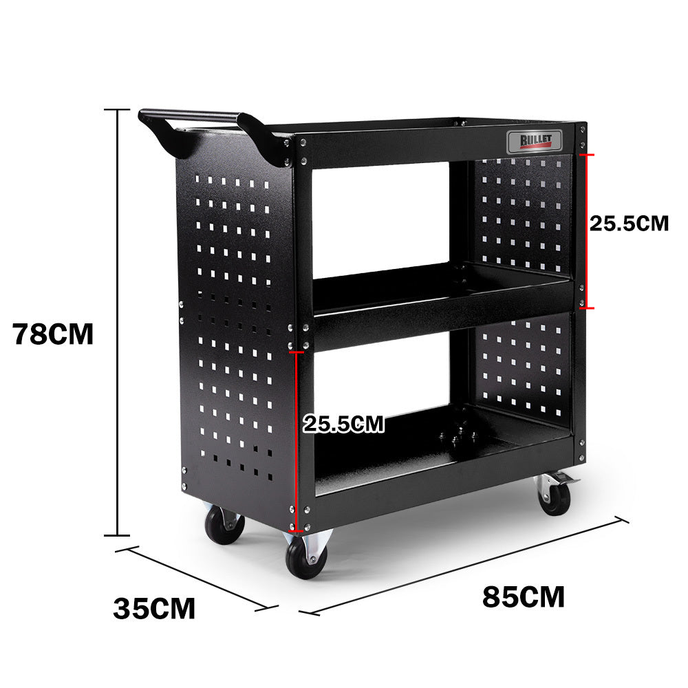 Bullet 3-Tier Steel Tool Trolley Cart Black with Pegboard and Screwdriver Rack
