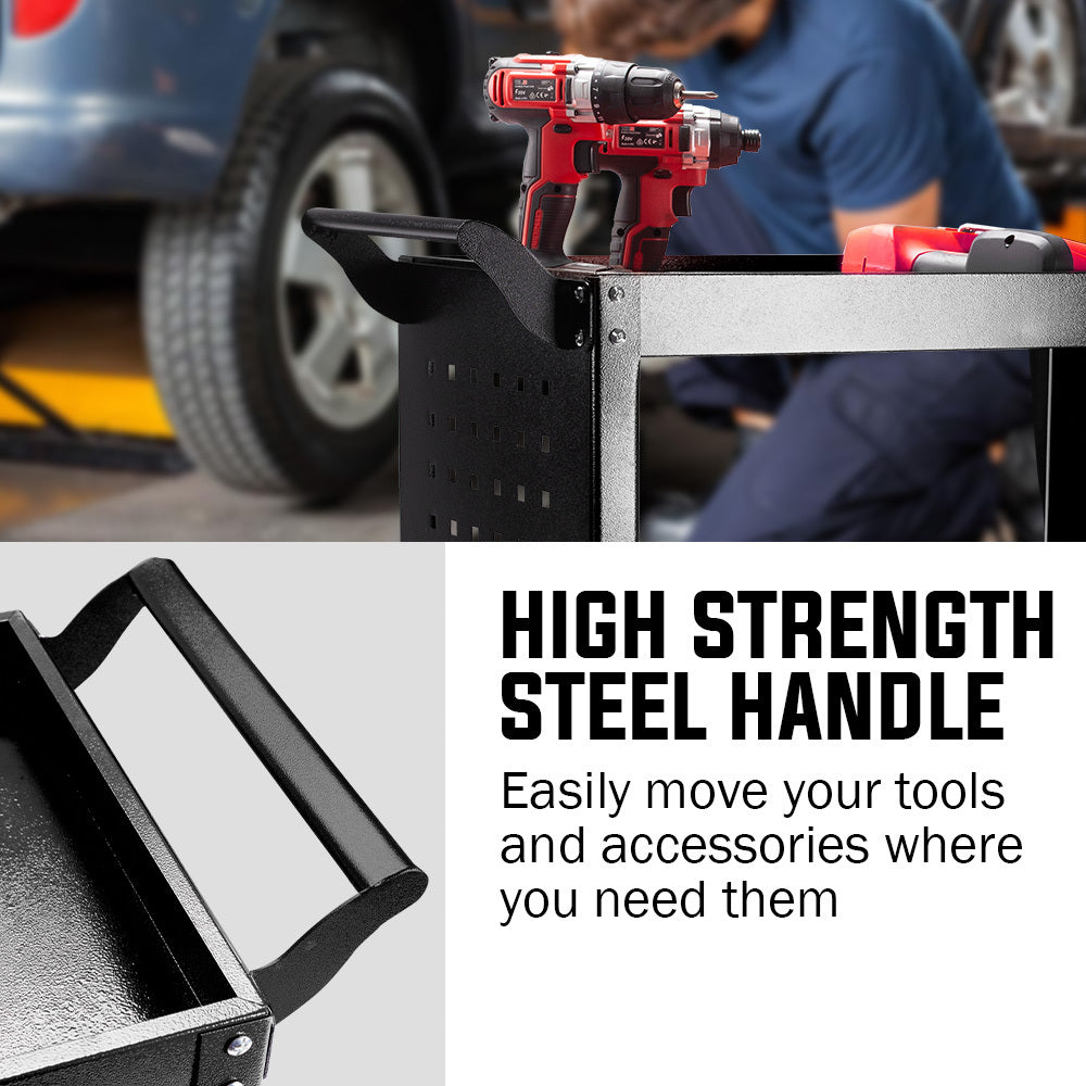 Bullet 3-Tier Steel Tool Trolley Cart Black with Pegboard and Screwdriver Rack