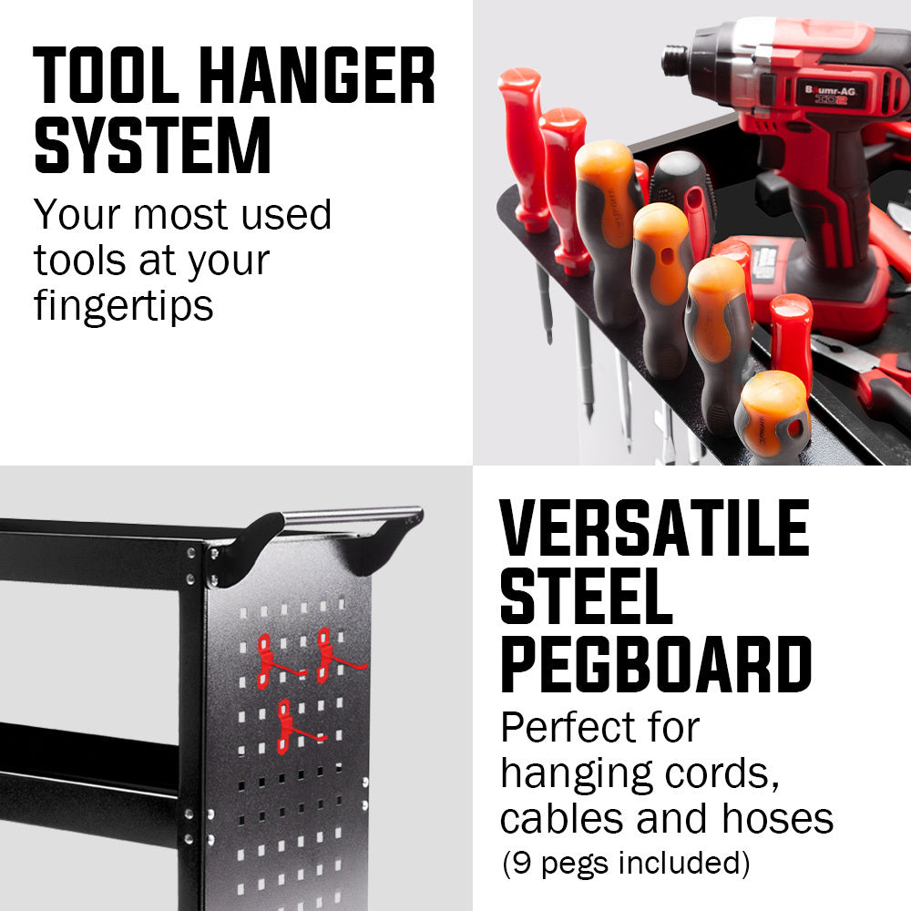 Bullet 3-Tier Steel Tool Trolley Cart Black with Pegboard and Screwdriver Rack