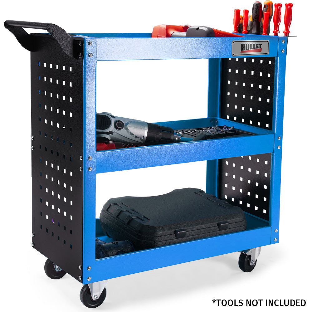 Bullet Pro 3-Tier Steel Tool Trolley Cart Blue with Pegboard and Screwdriver Rack