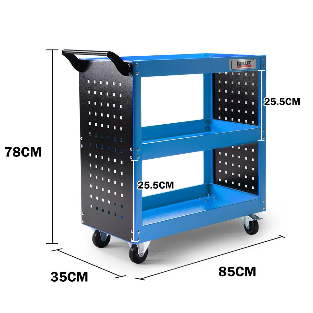 Bullet Pro 3-Tier Steel Tool Trolley Cart Blue with Pegboard and Screwdriver Rack
