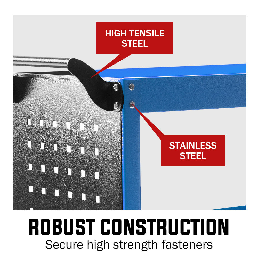 Bullet Pro 3-Tier Steel Tool Trolley Cart Blue with Pegboard and Screwdriver Rack