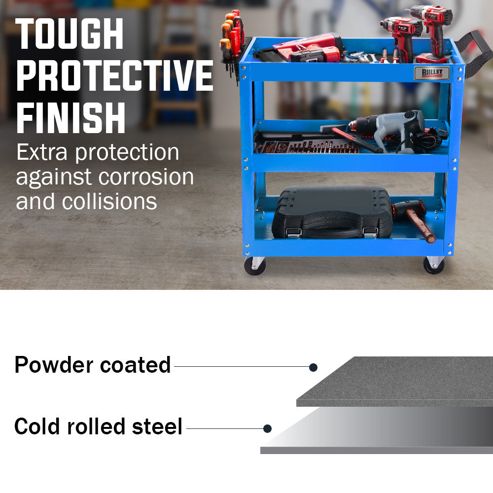 Bullet Pro 3-Tier Steel Tool Trolley Cart Blue with Pegboard and Screwdriver Rack