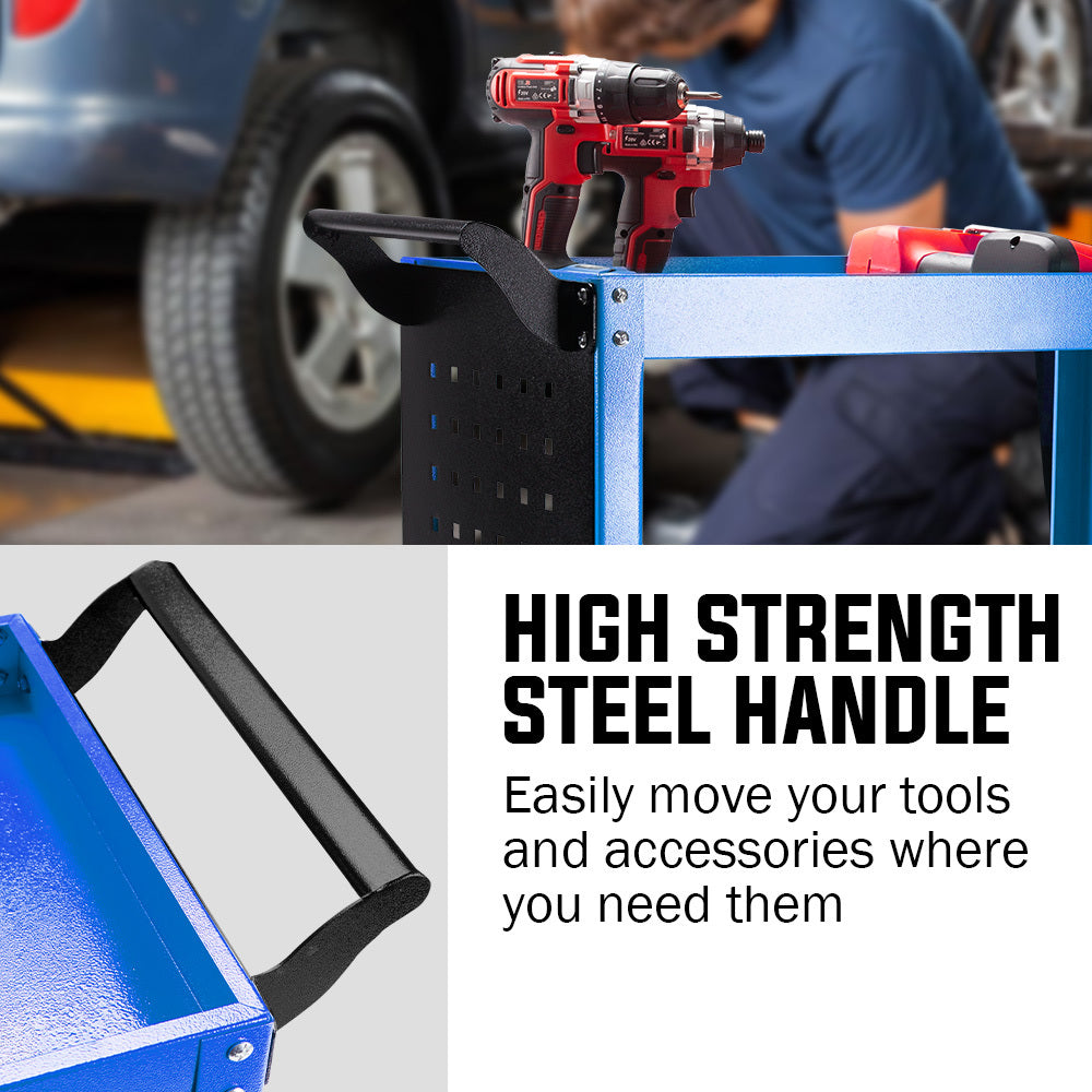 Bullet Pro 3-Tier Steel Tool Trolley Cart Blue with Pegboard and Screwdriver Rack