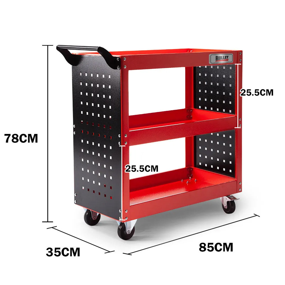 Bullet 3-Tier Steel Tool Trolley Cart Red with Pegboard and Screwdriver Rack