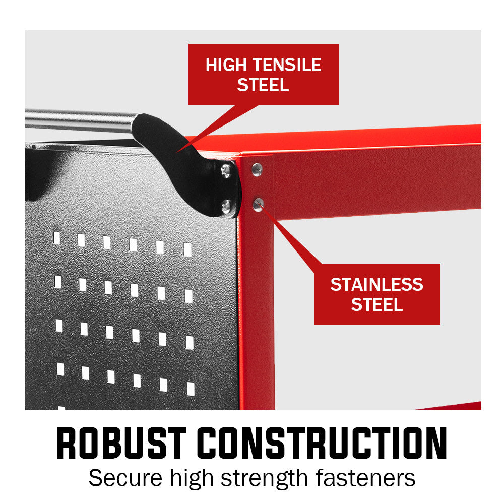 Bullet 3-Tier Steel Tool Trolley Cart Red with Pegboard and Screwdriver Rack