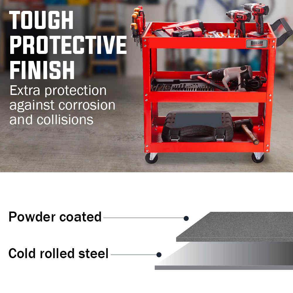 Bullet 3-Tier Steel Tool Trolley Cart Red with Pegboard and Screwdriver Rack