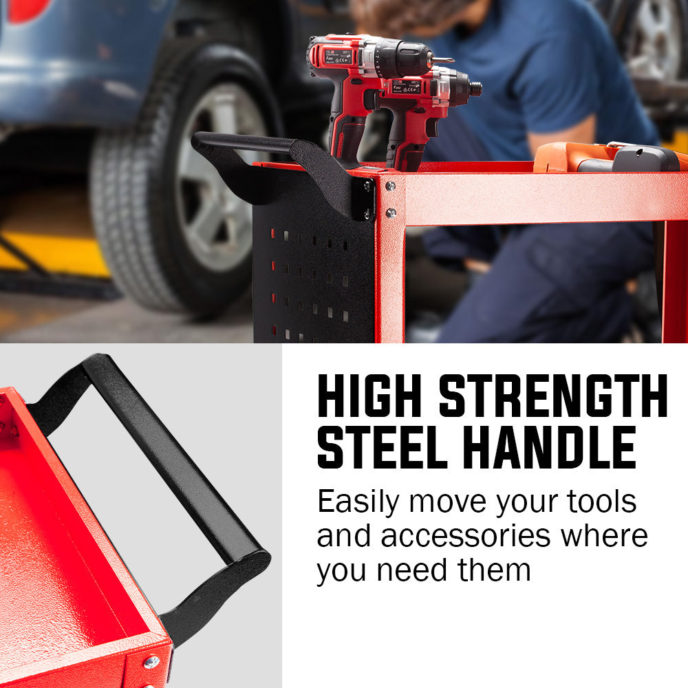 Bullet 3-Tier Steel Tool Trolley Cart Red with Pegboard and Screwdriver Rack