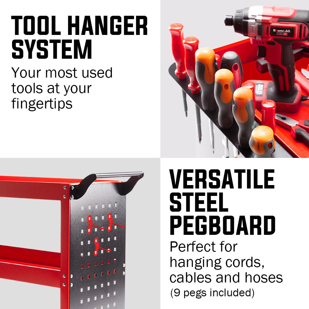 Bullet 3-Tier Steel Tool Trolley Cart Red with Pegboard and Screwdriver Rack